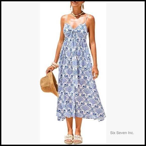 Polyester Midi Dress Spaghetti Strap Smocked Bodice Flowy A-Line Sundress